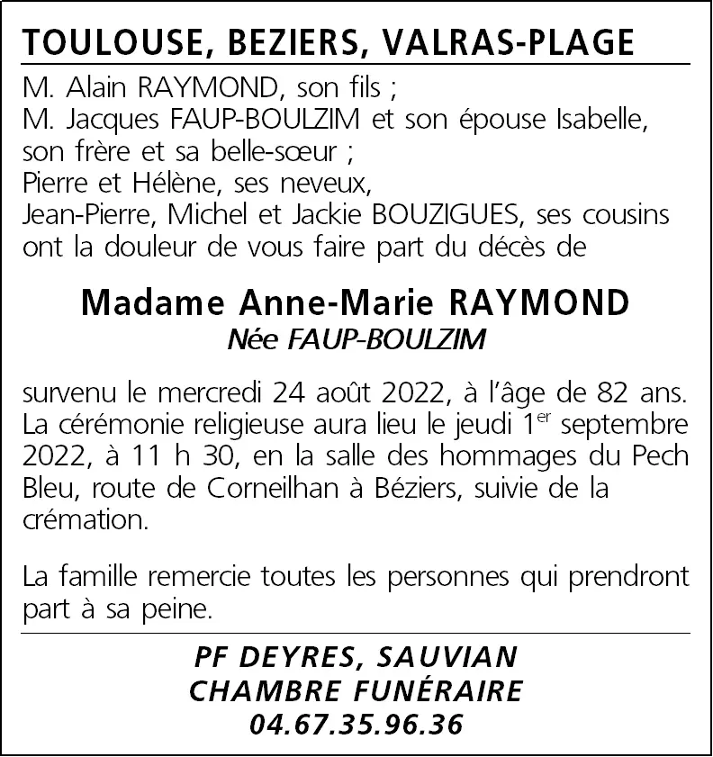 Mme Anne-Marie RAYMOND née FAUP-BOULZIM